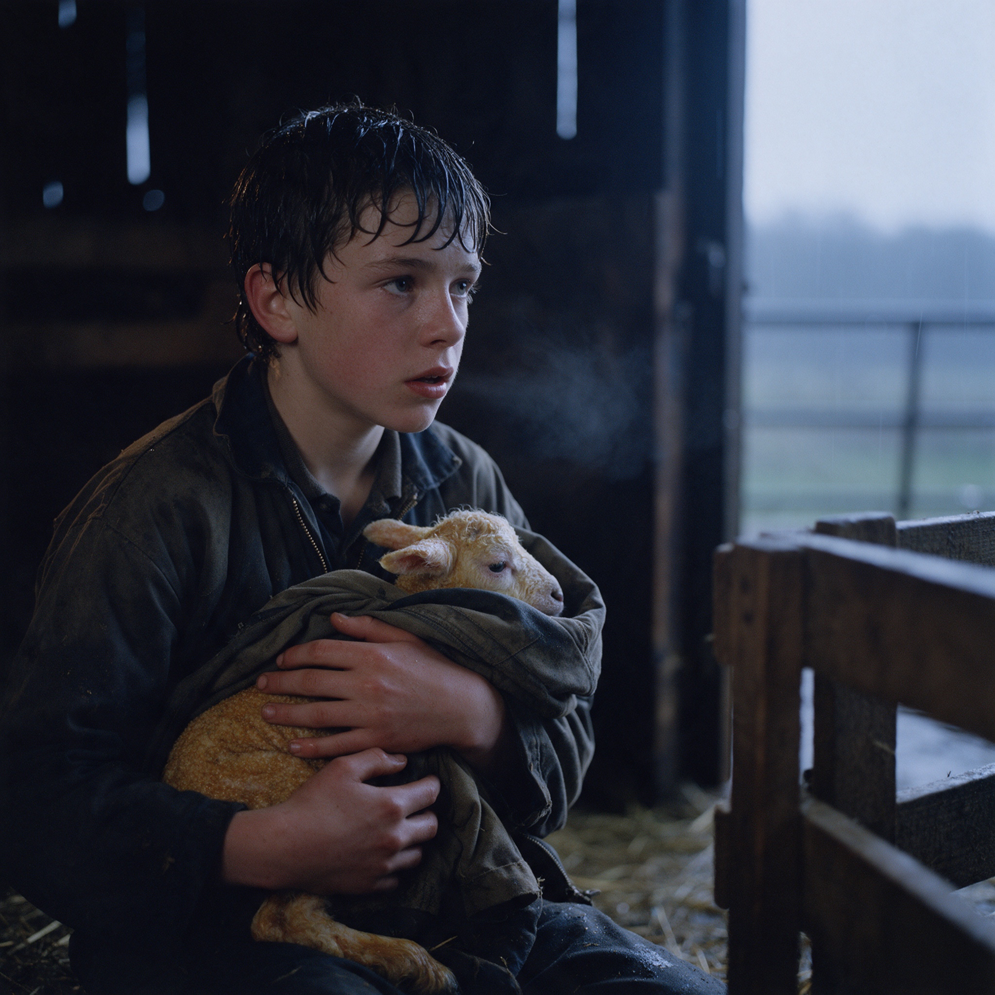 A boy holding a lamb inside a dark barn