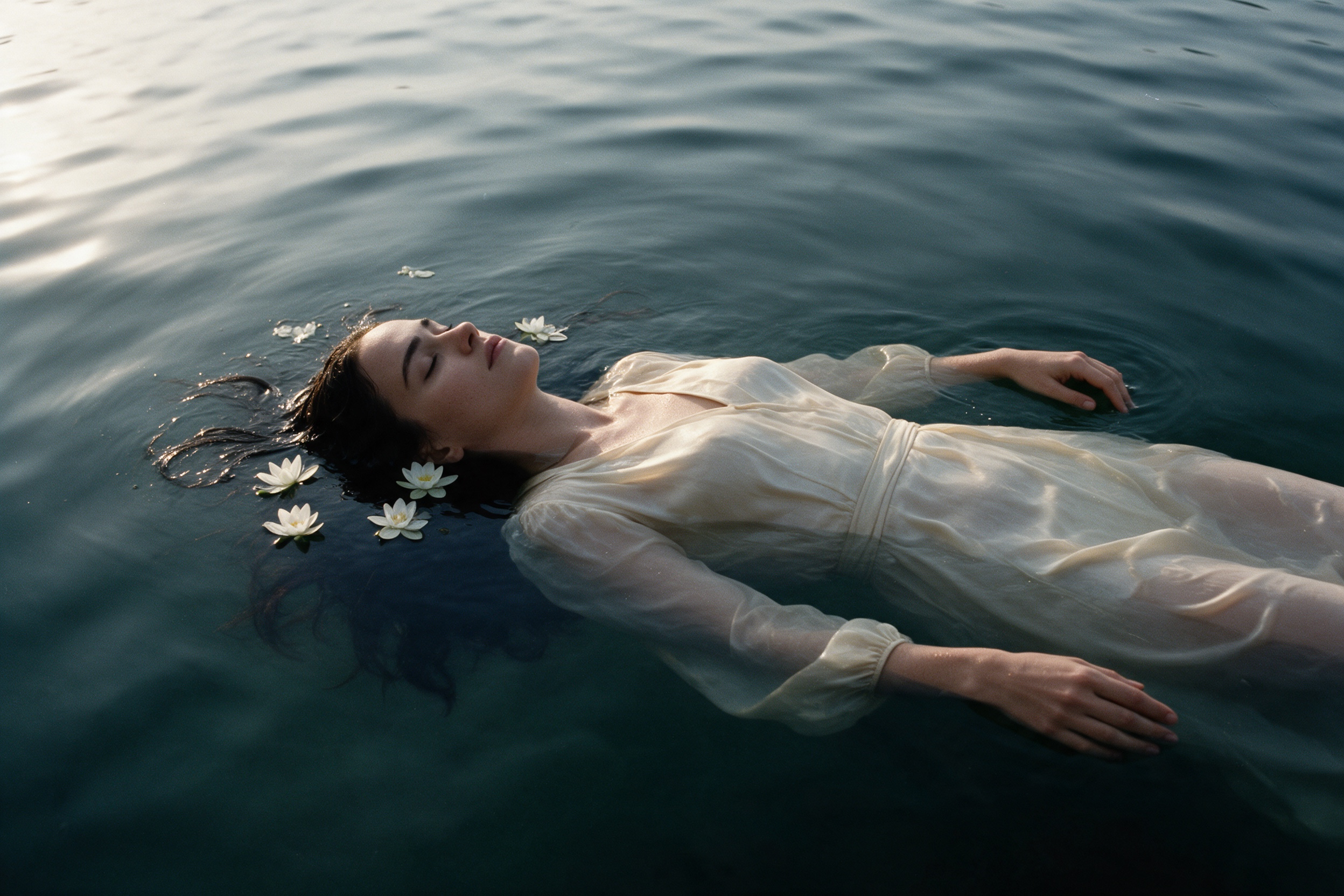 A woman in a white dress floating among water lilies