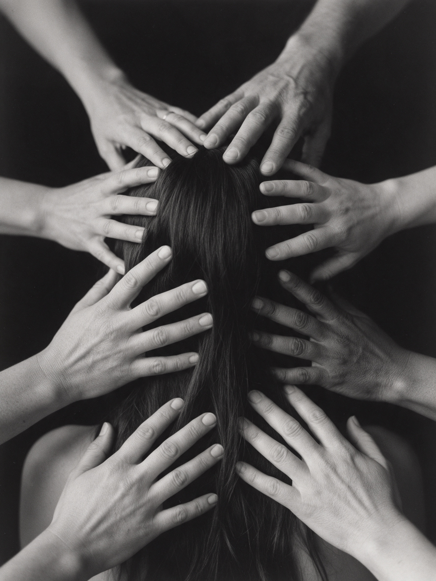 Black and white portrait of a woman's head surrounded by many hands