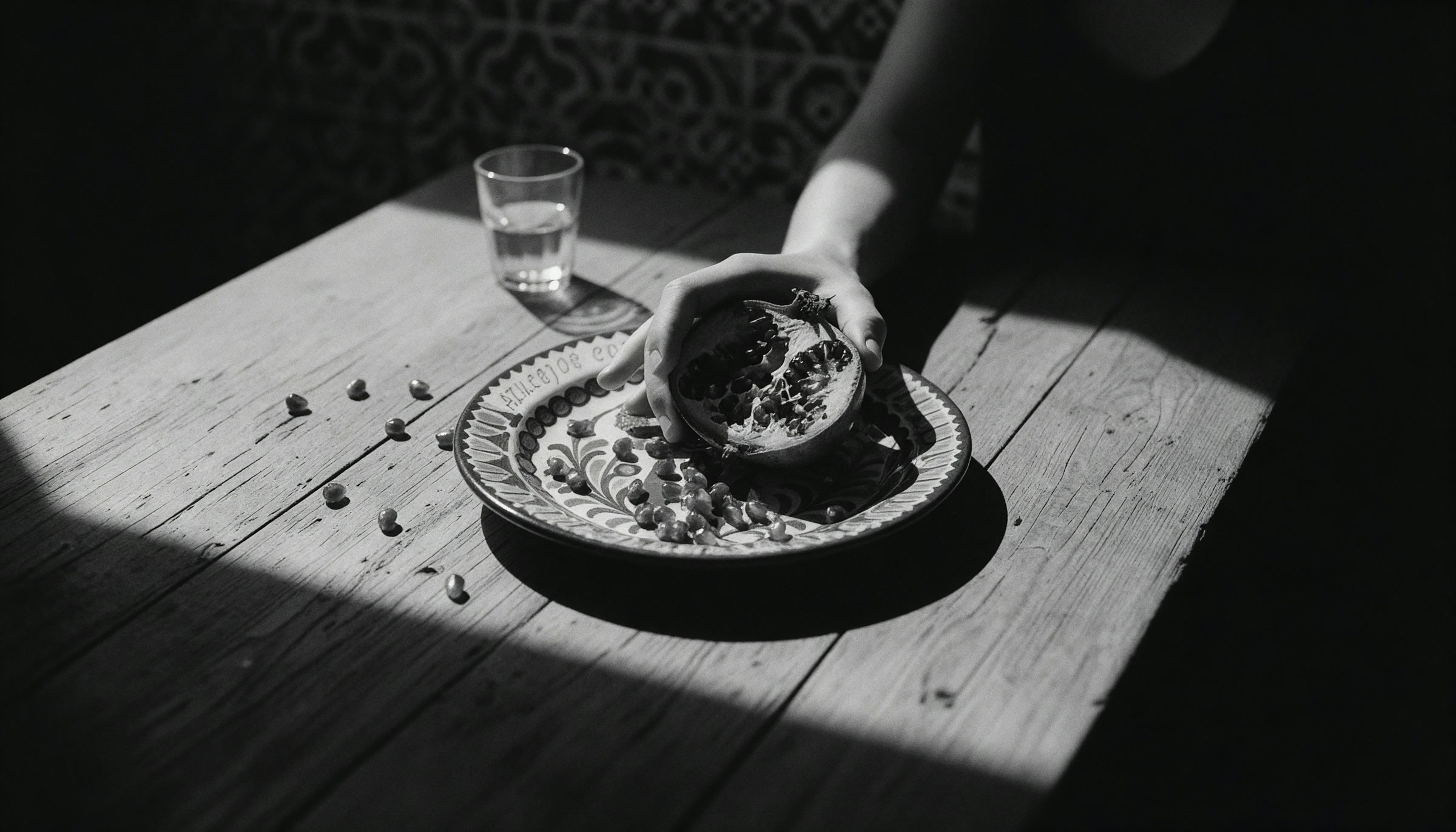 A hand setting down the ceramic plate of pomegranate on a wooden table