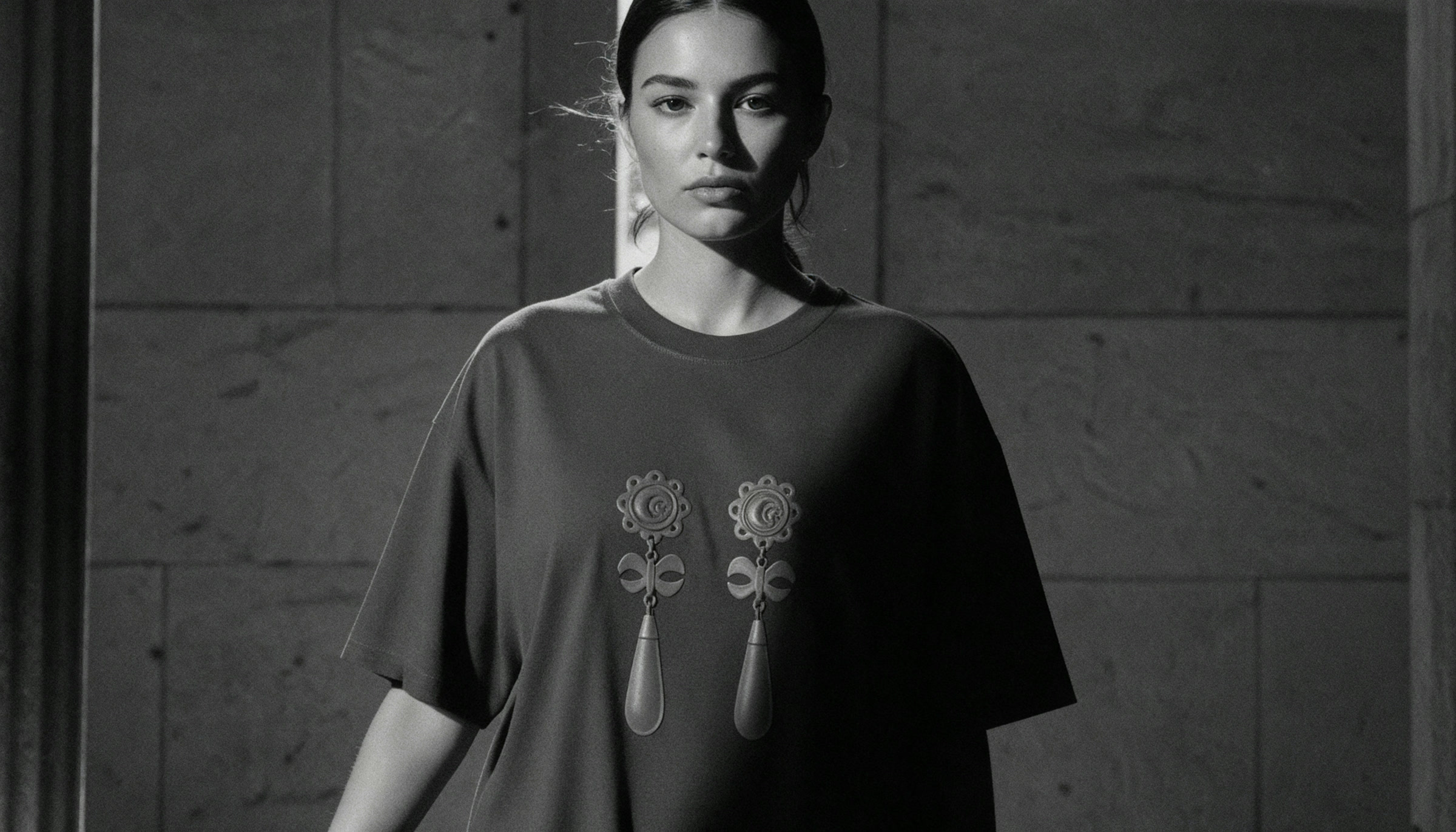 A woman wearing the T-shirt printed with the two earrings, against a tiled wall