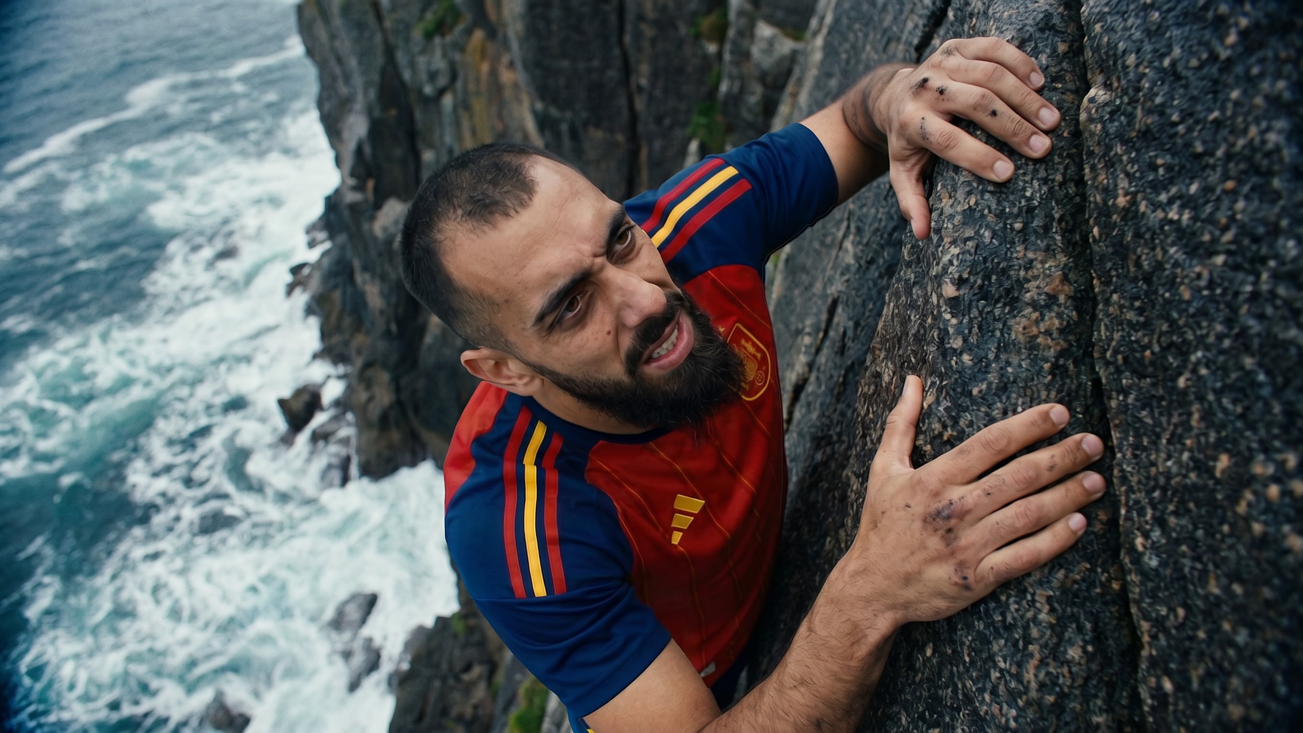 Borja Iglesias in the Spain shirt gripping a wet black cliff face, the sea breaking below him