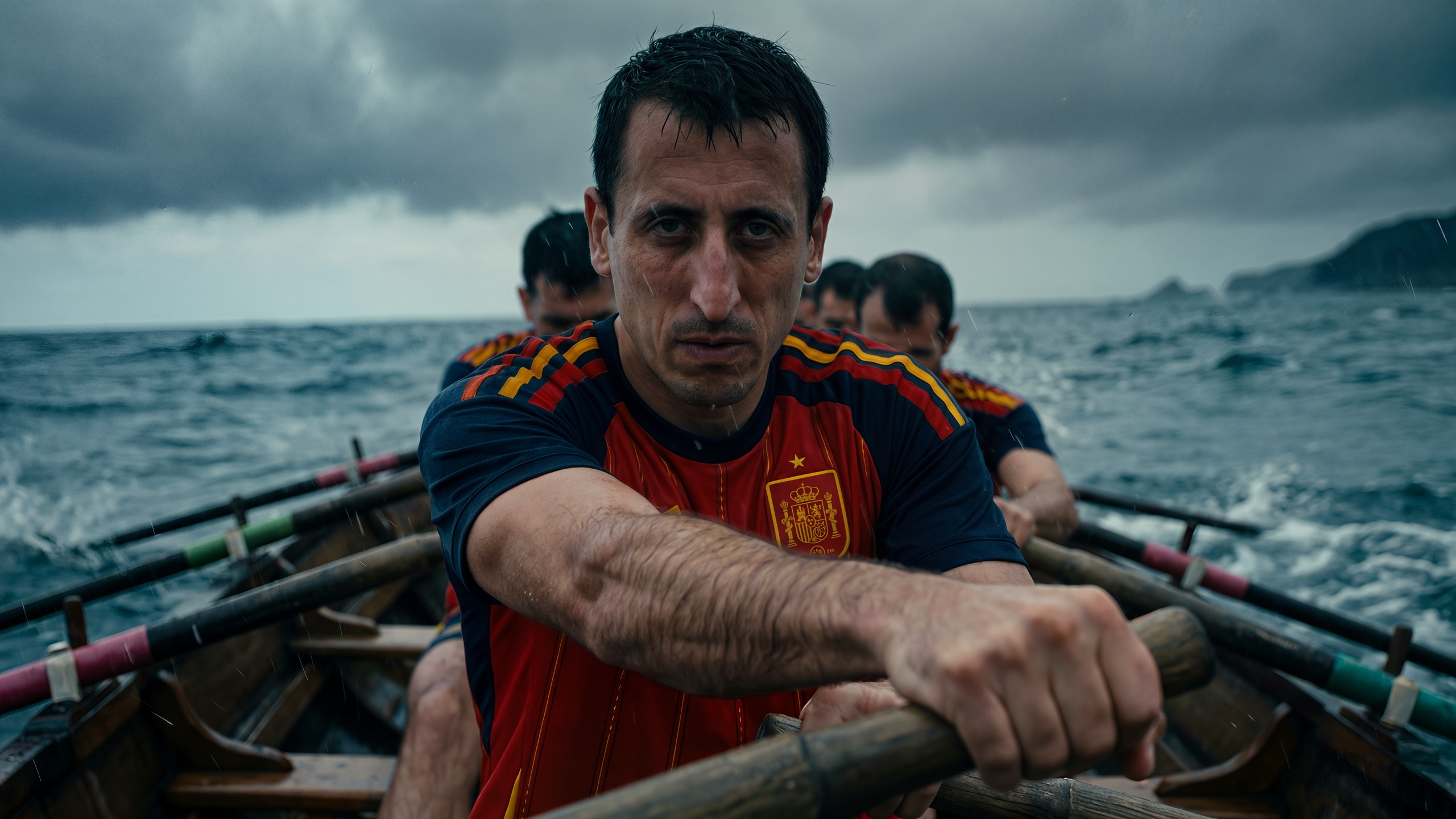 Mikel Oyarzabal in the Spain shirt pulling on an oar in a wooden rowing boat under a storm, crewmates behind him