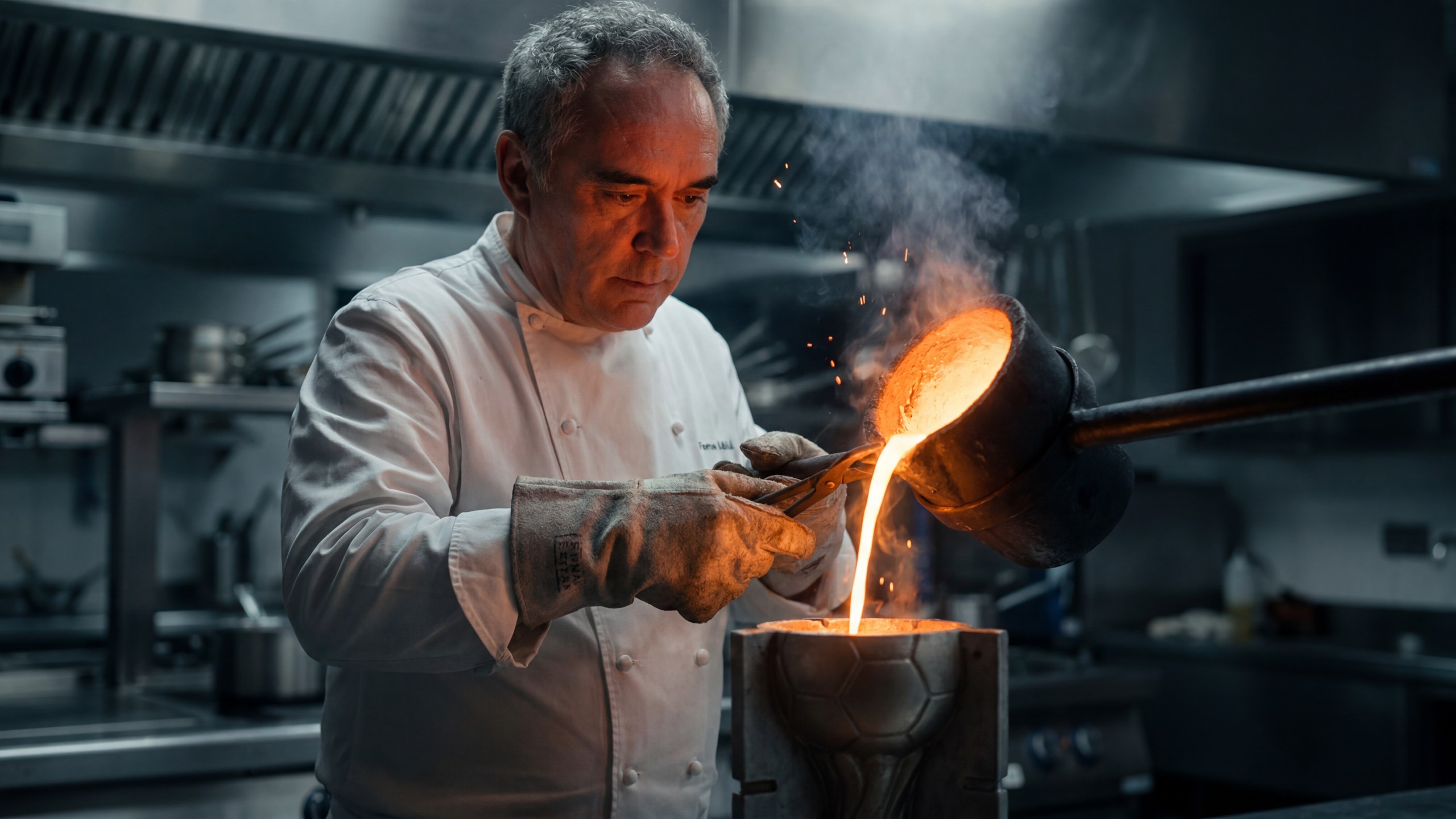 Ferran Adrià in chef's whites pouring glowing molten metal from a crucible into a football-shaped mould in a professional kitchen