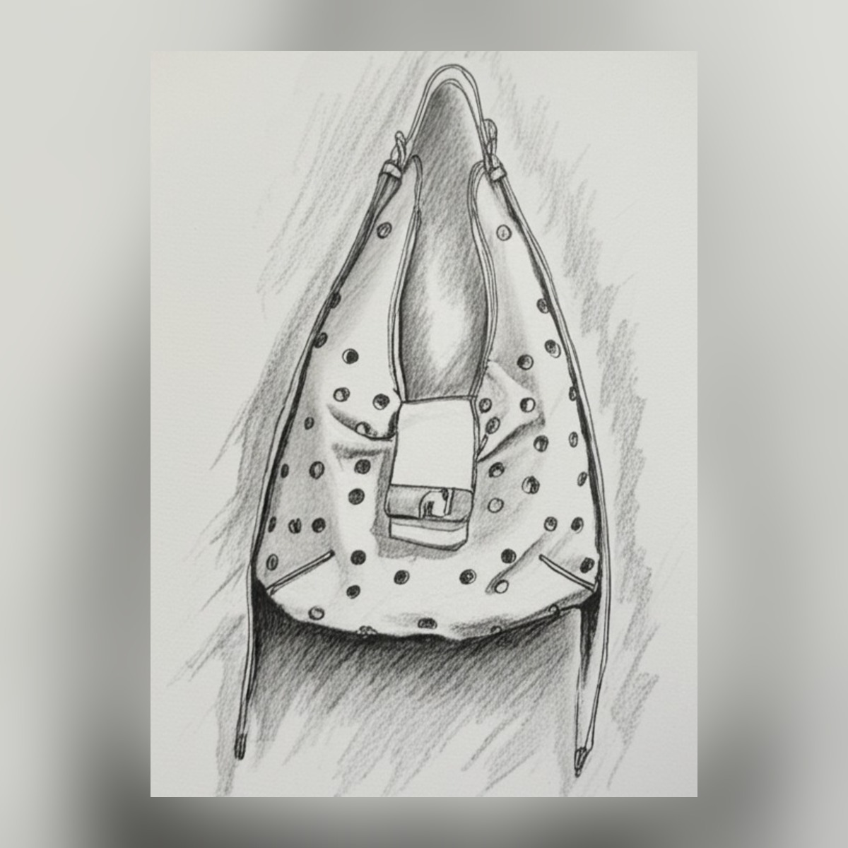 A pencil drawing of the VIXEN bag with its studs and clasp