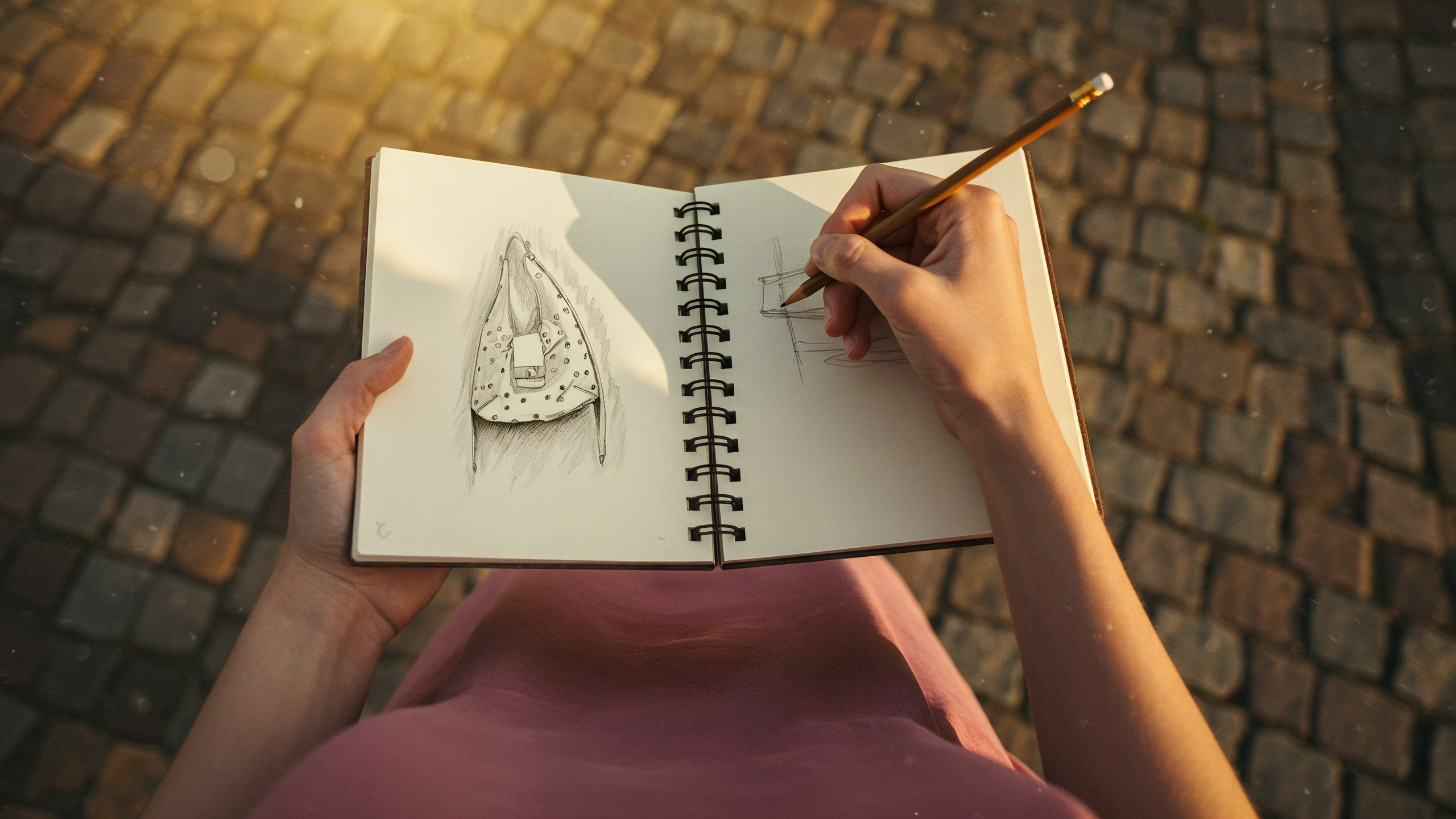A hand drawing the outline of the VIXEN bag in a spiral notebook resting on a lap, cobblestones behind
