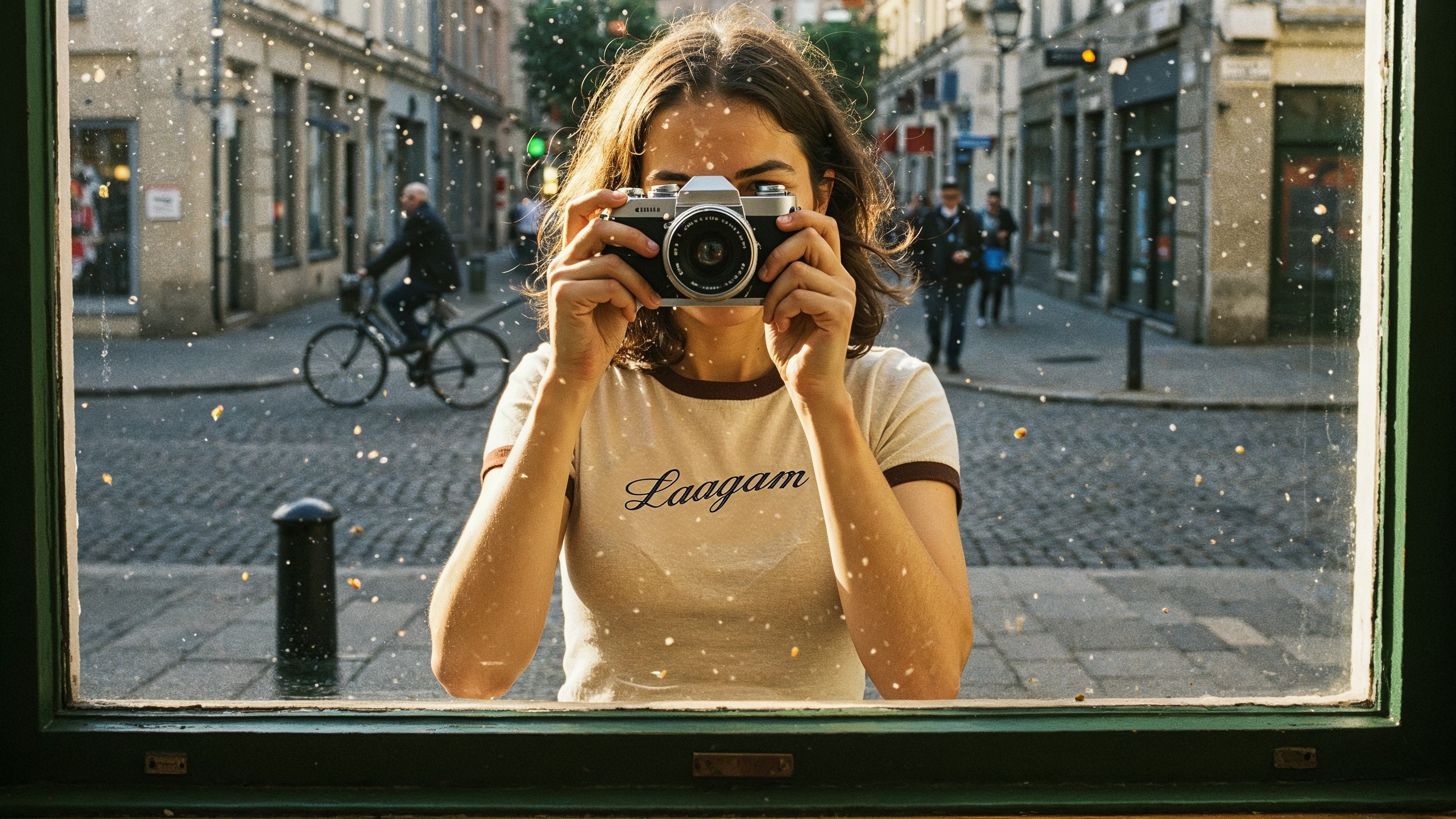 A woman in a Laagam T-shirt raising a film camera to her eye, seen through a shop window with the street reflected in it