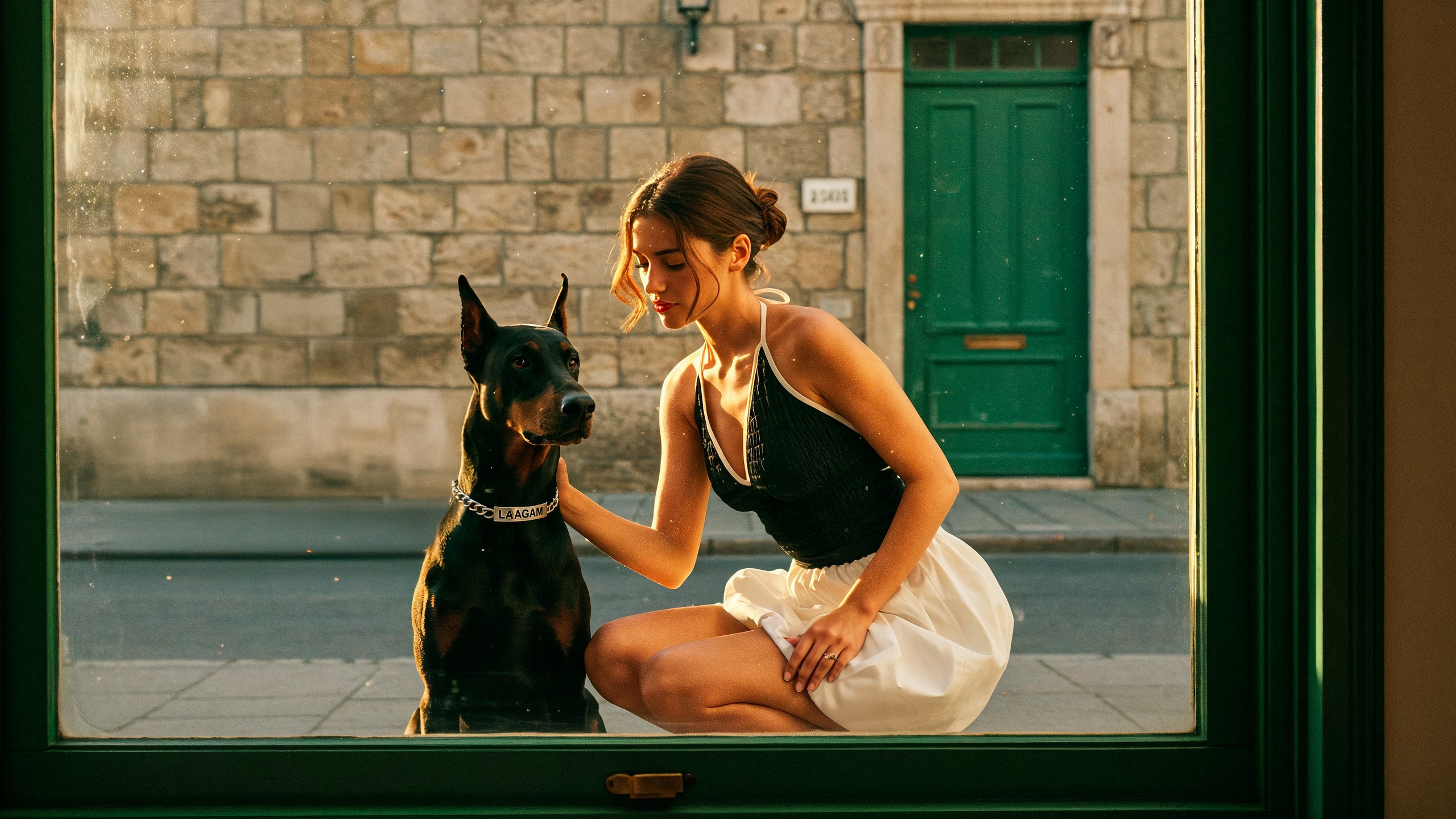 A woman crouching on the pavement facing a Doberman, both framed inside a shop window at golden hour