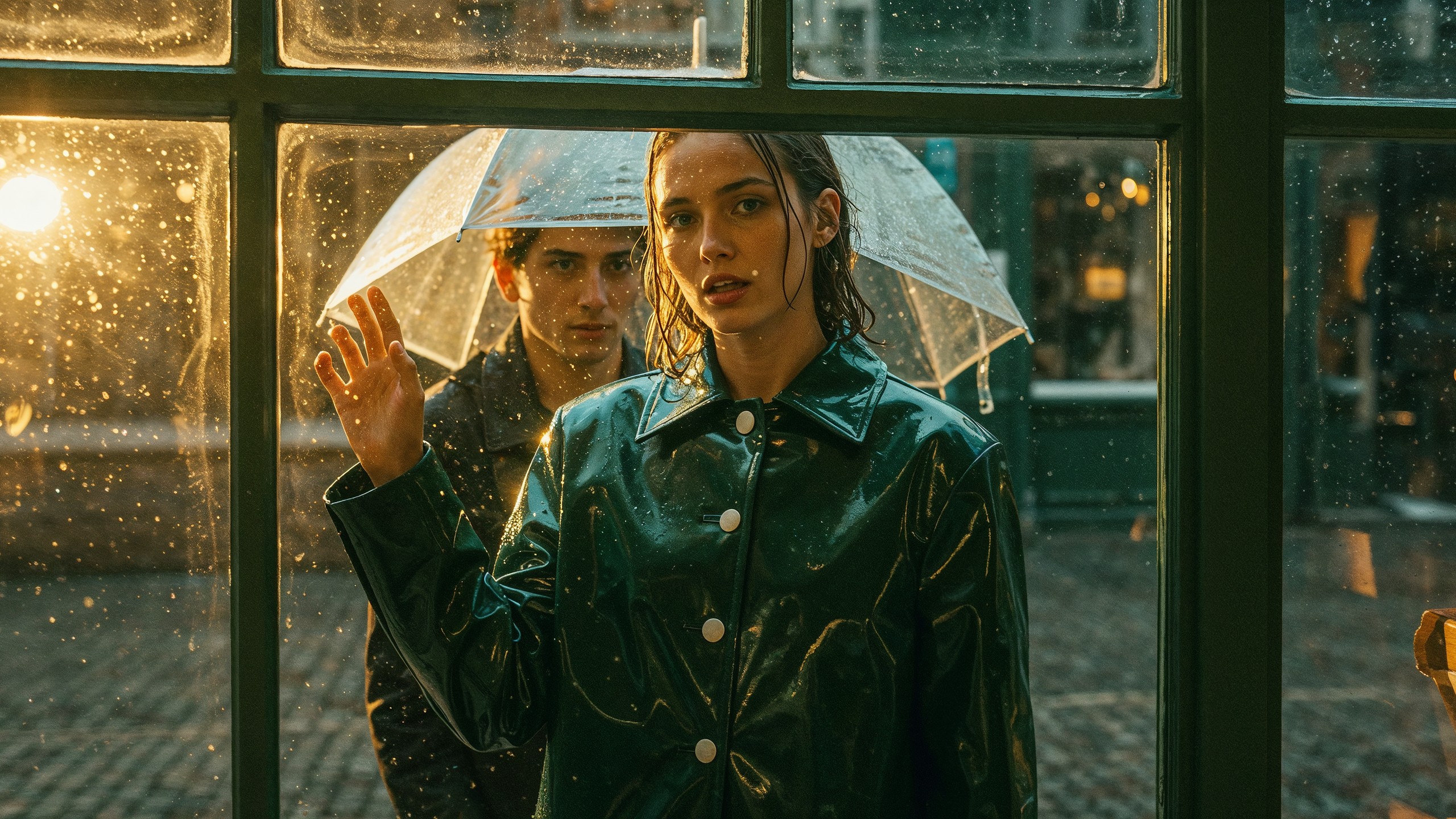 Two women in dark green leather sharing a transparent plastic rain hood in front of a lit Laagam shopfront