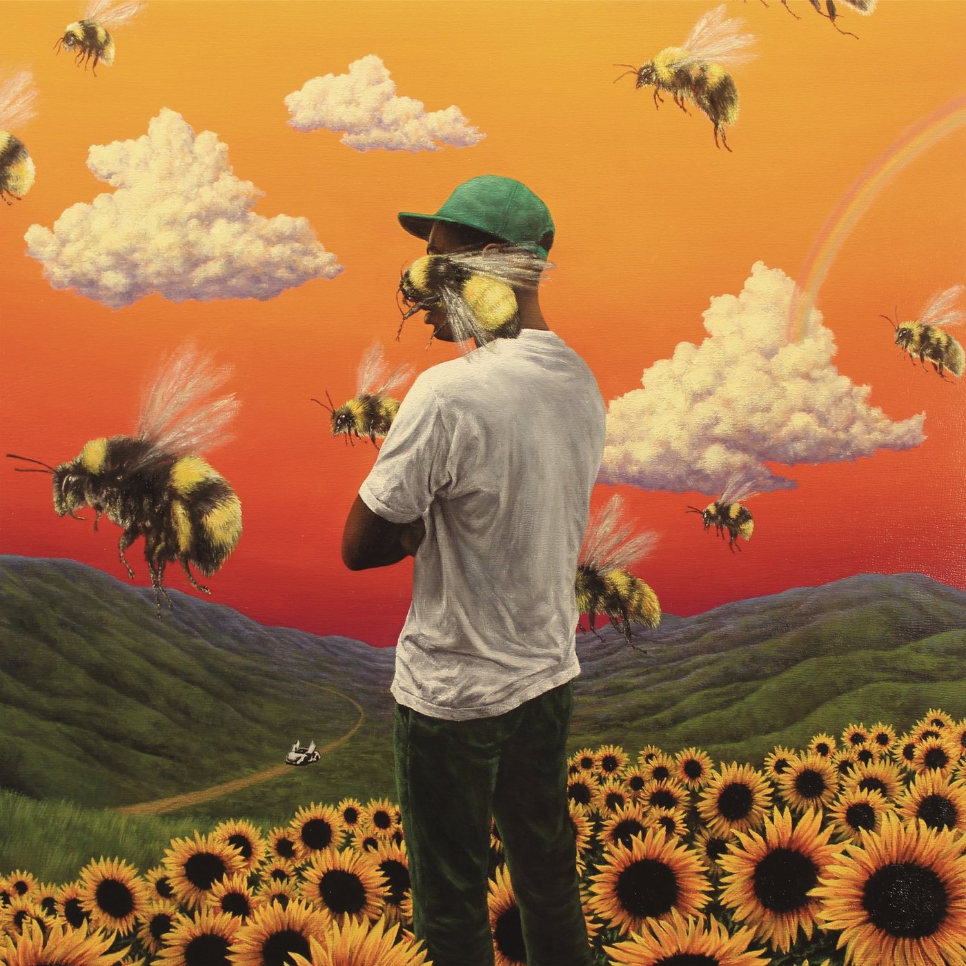 Artwork of a figure standing in a field of sunflowers under an orange sky with bees