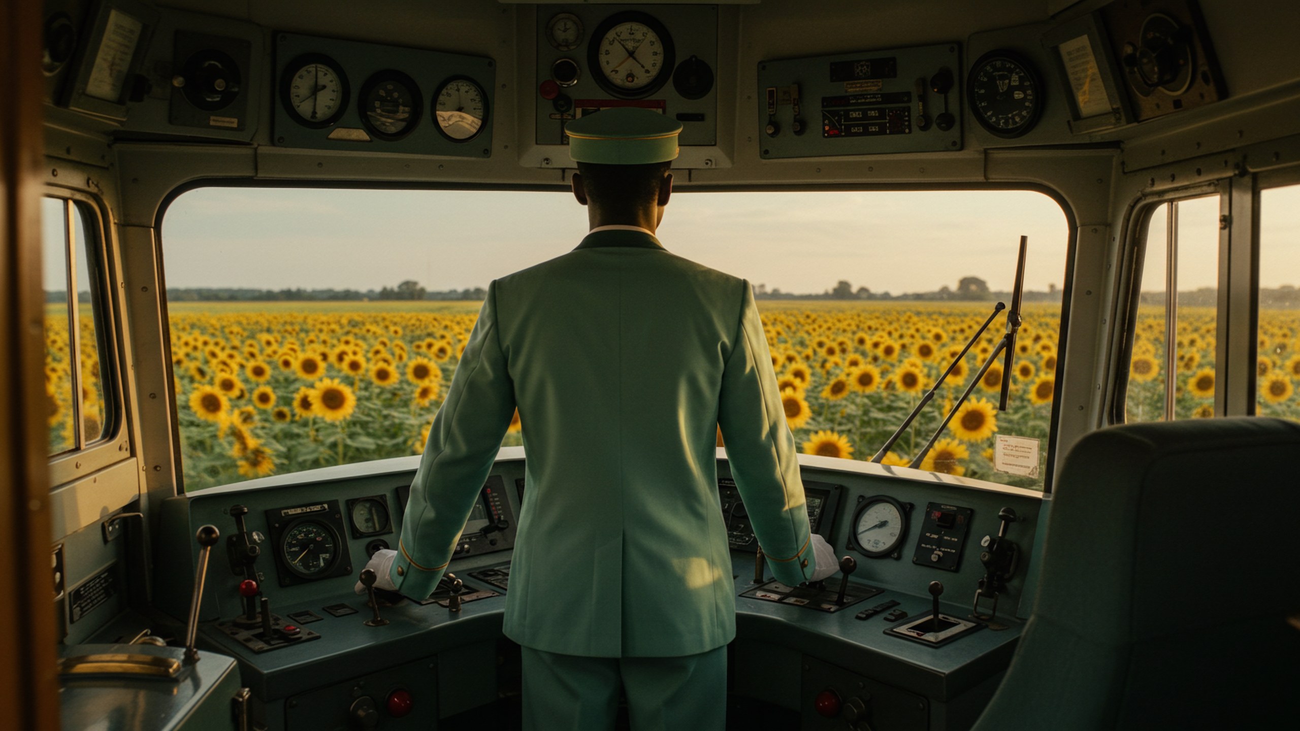 A conductor seen from behind at the controls of the train, a field of sunflowers filling the windscreen