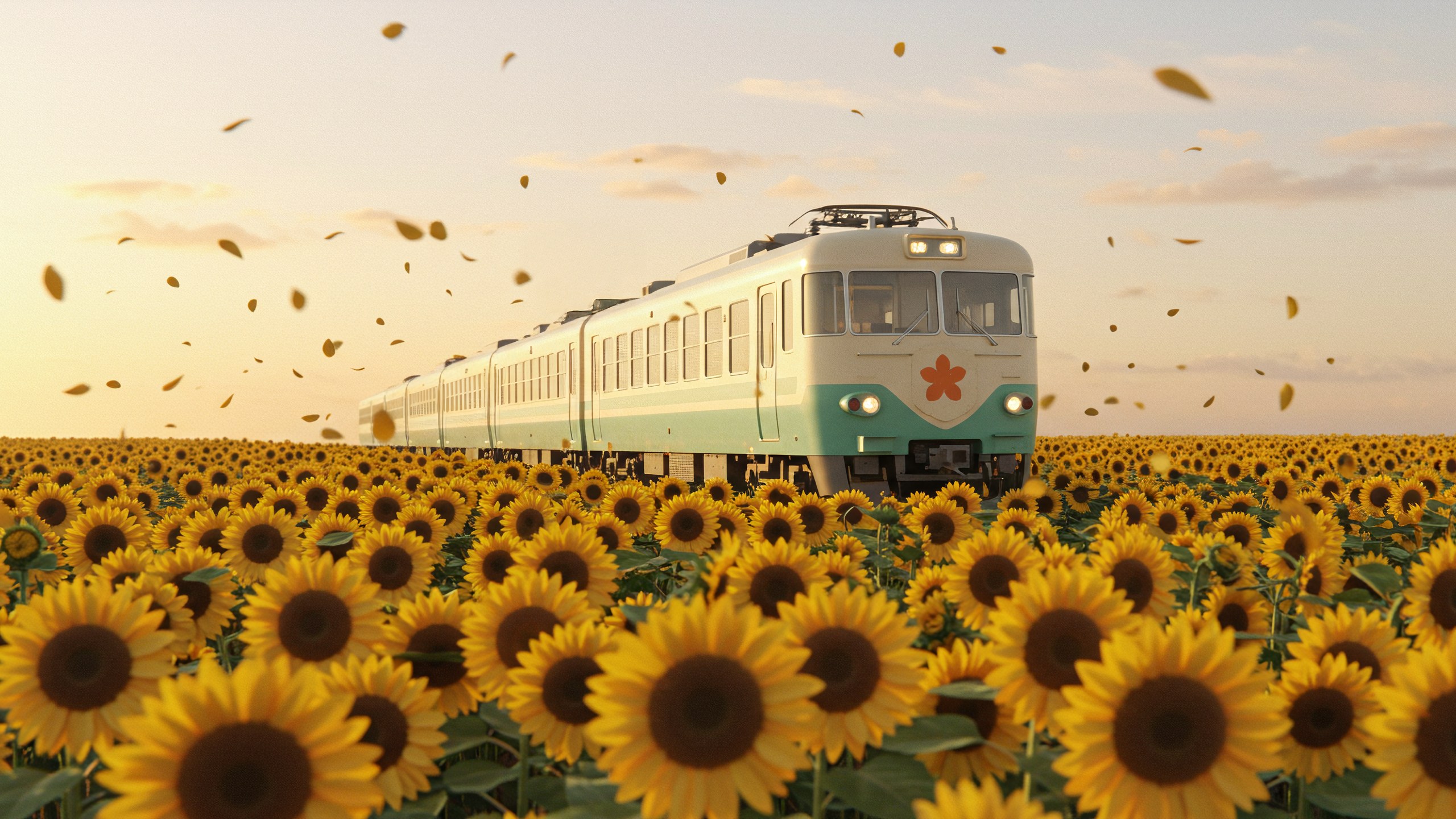 A pale green and cream train crossing a field of sunflowers at dusk, petals blowing across the frame