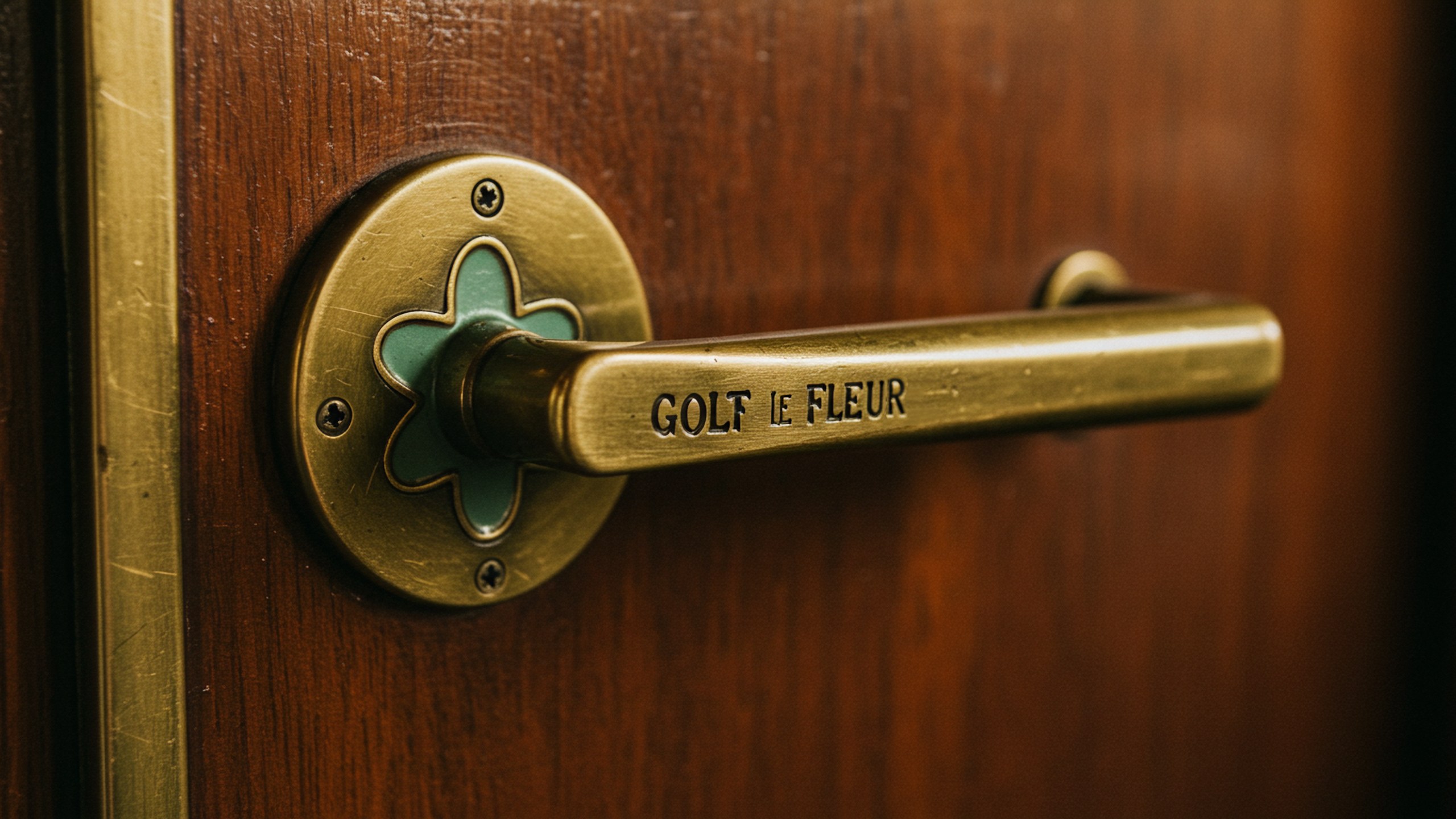 A brass door handle on dark wood engraved GOLF le FLEUR, with the five-petal flower above it