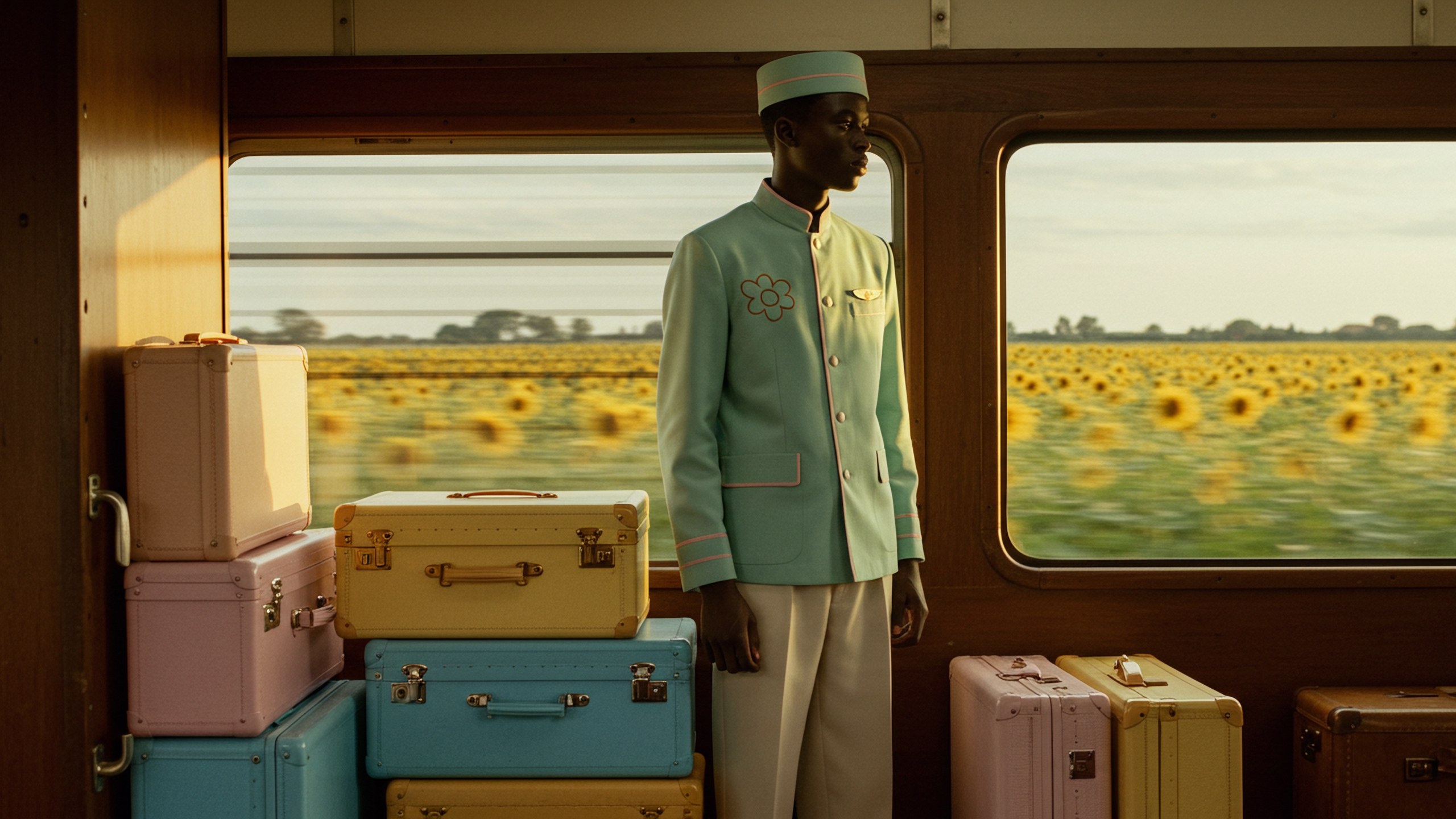 A steward in mint standing in a train corridor beside a stack of pastel suitcases, sunflowers through the window