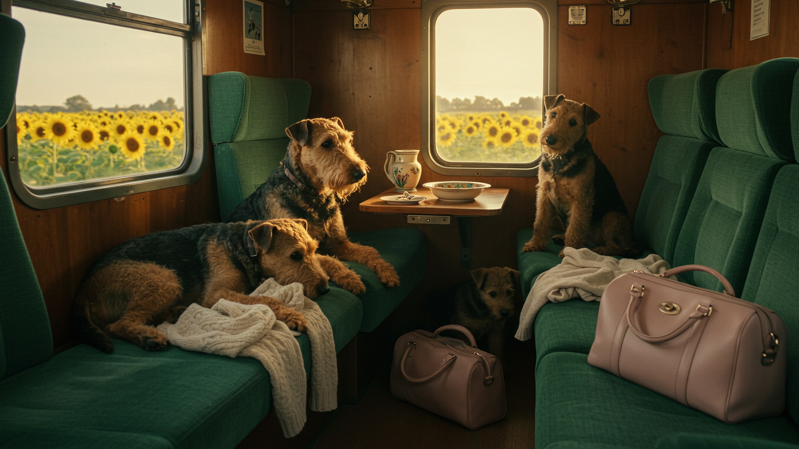 Three Airedale terriers asleep on green train seats beside a pink bag and a cup of tea