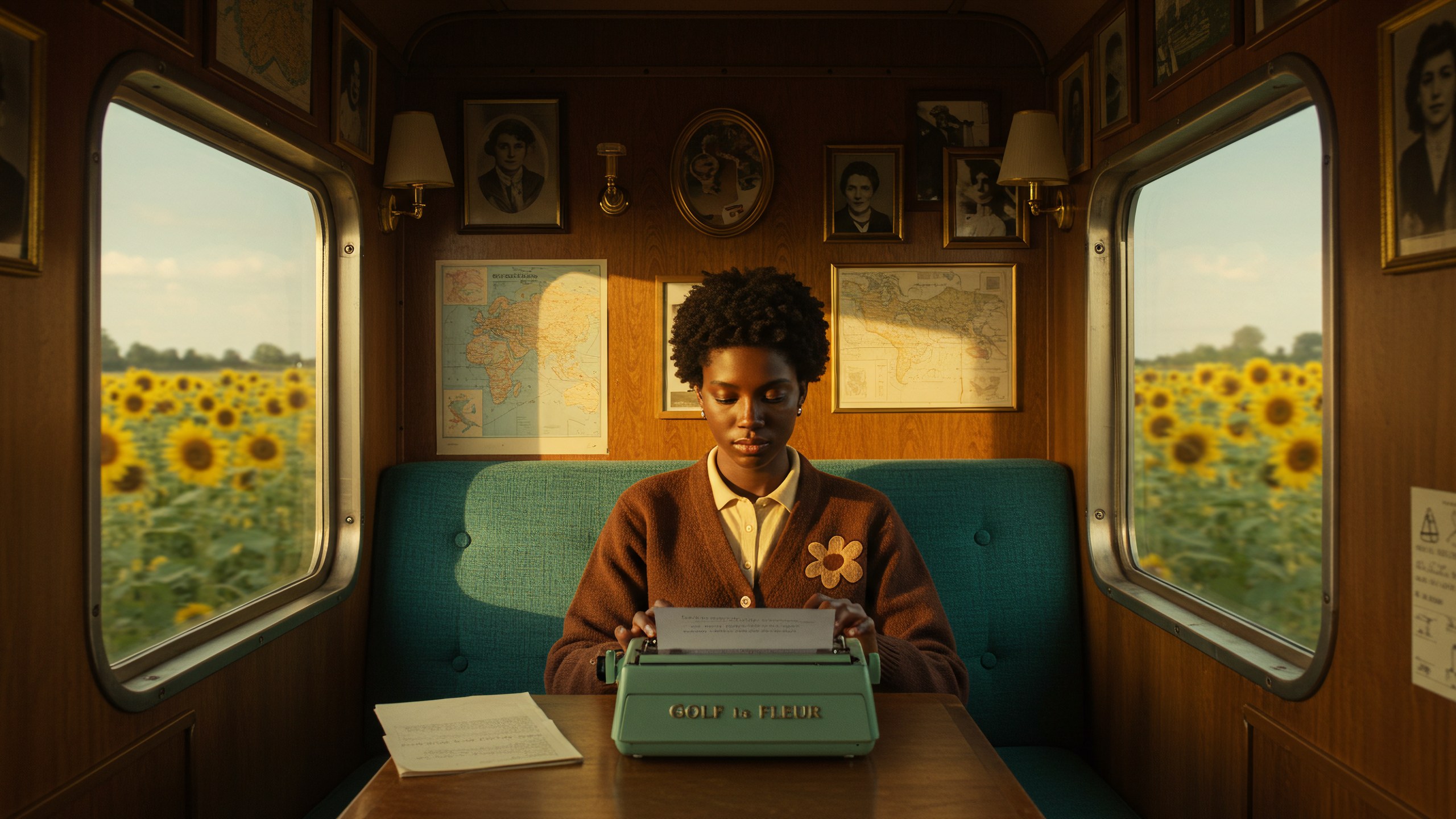 A woman typing on a mint green Golf le Fleur typewriter in a train compartment, sunflowers through both windows