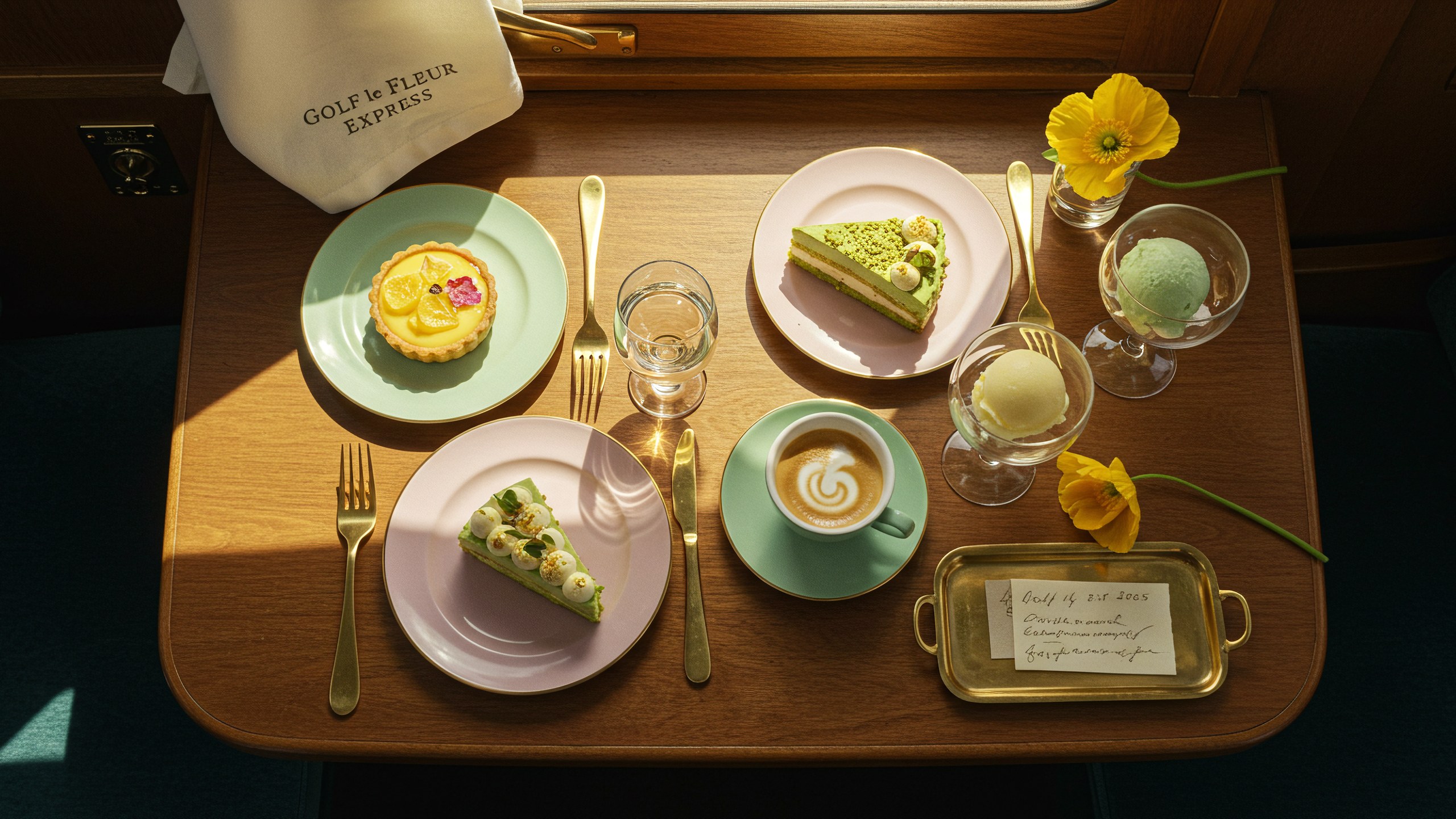 A dining table on a train photographed from above with pastel plates, coffee, a yellow flower and a Golf le Fleur Express napkin