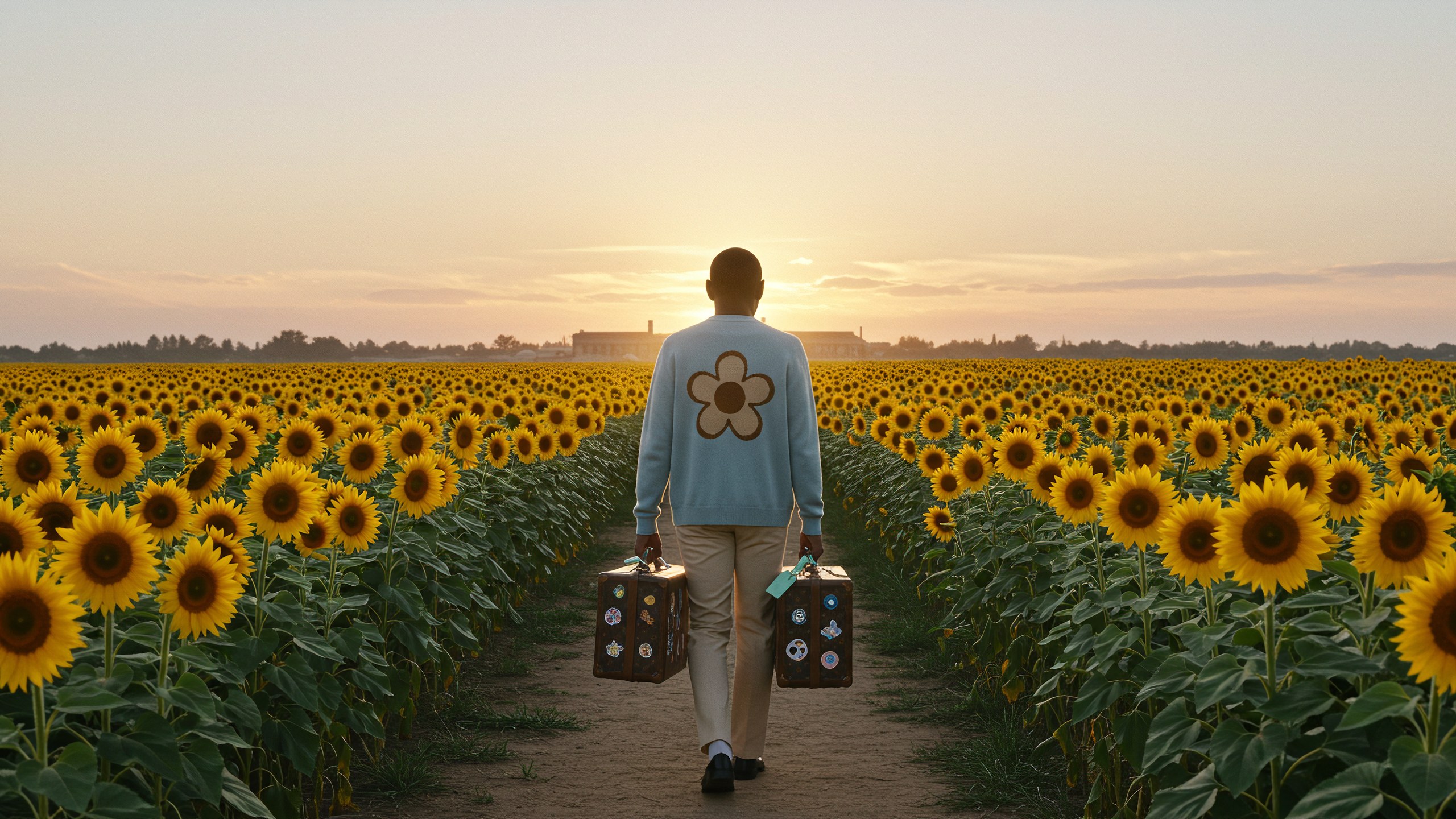 A man in a pale blue cardigan walking away down a row of sunflowers at sunset, a suitcase in each hand