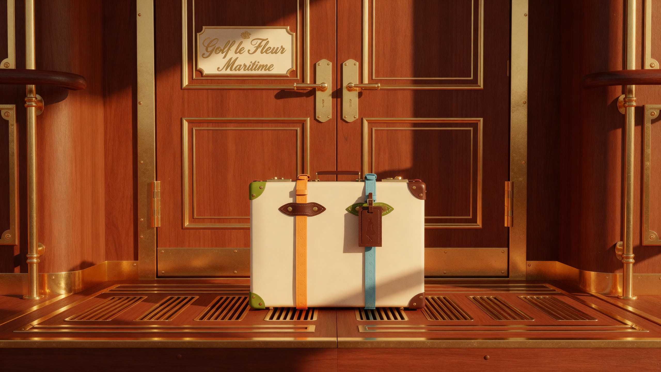 The same trunk standing alone outside a lacquered cabin door marked Golf le Fleur Maritime