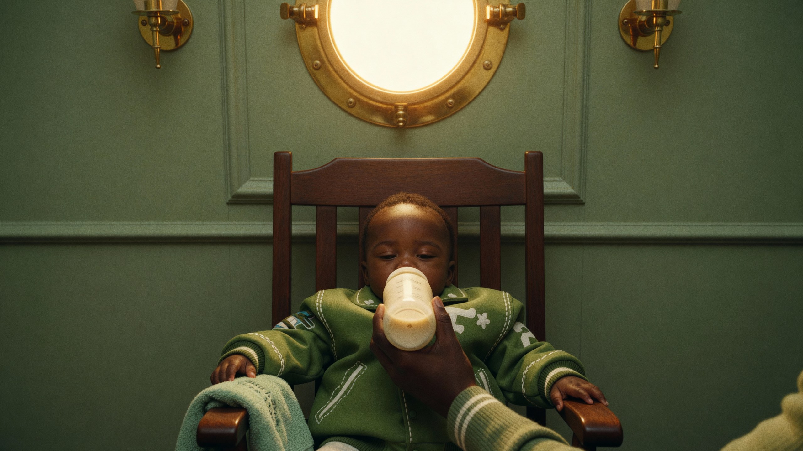 A baby in a miniature green varsity jacket drinking a bottle in a wooden chair, under a brass porthole