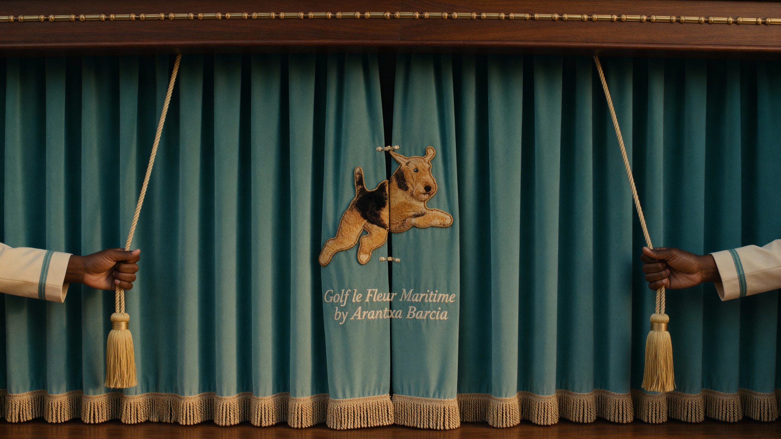 Two hands drawing back a teal velvet curtain embroidered with the le Fleur terrier and the words Golf le Fleur Maritime by Arantxa Barcia
