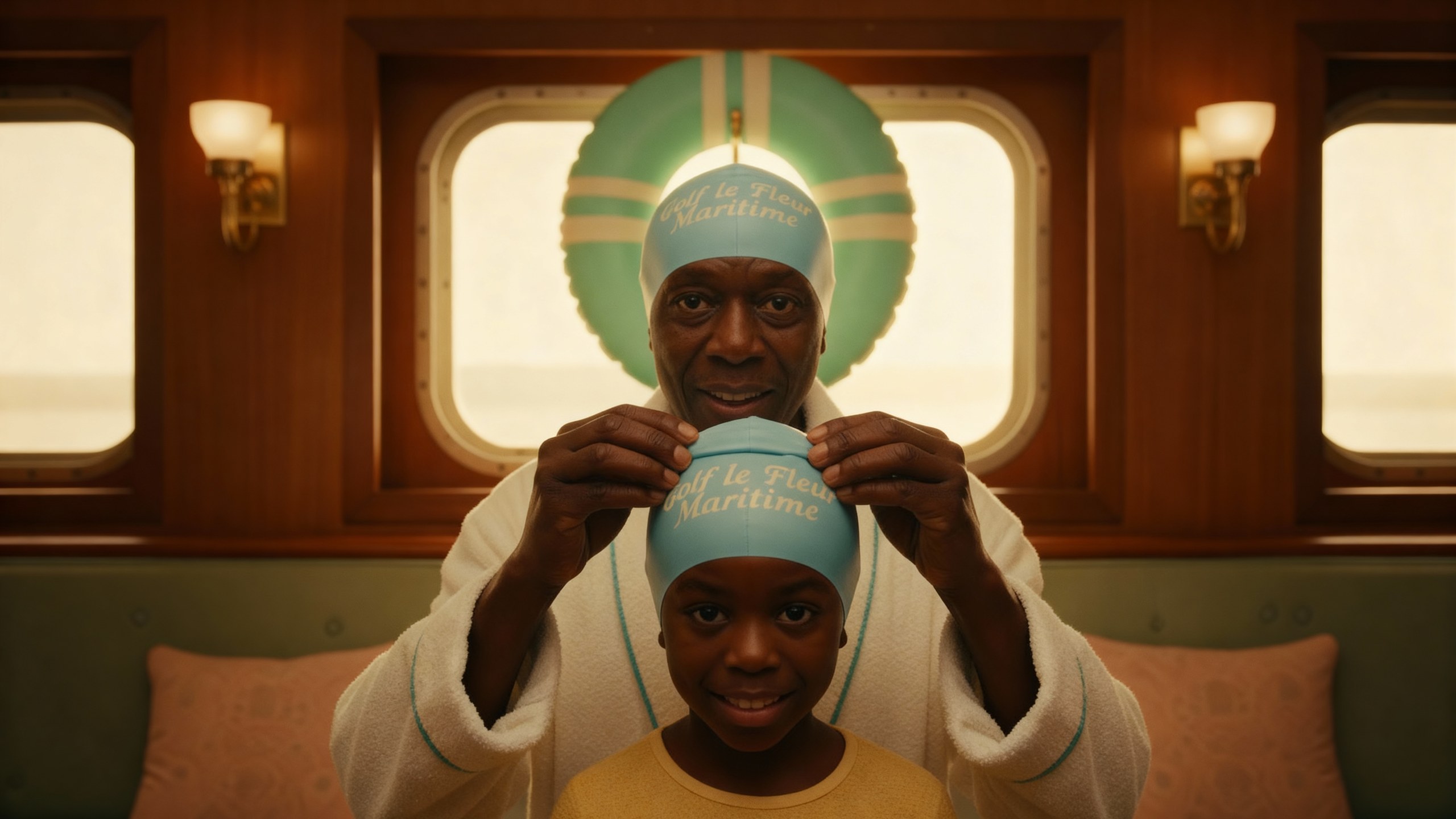 A man fitting a Golf le Fleur Maritime swimming cap onto a boy in a cabin