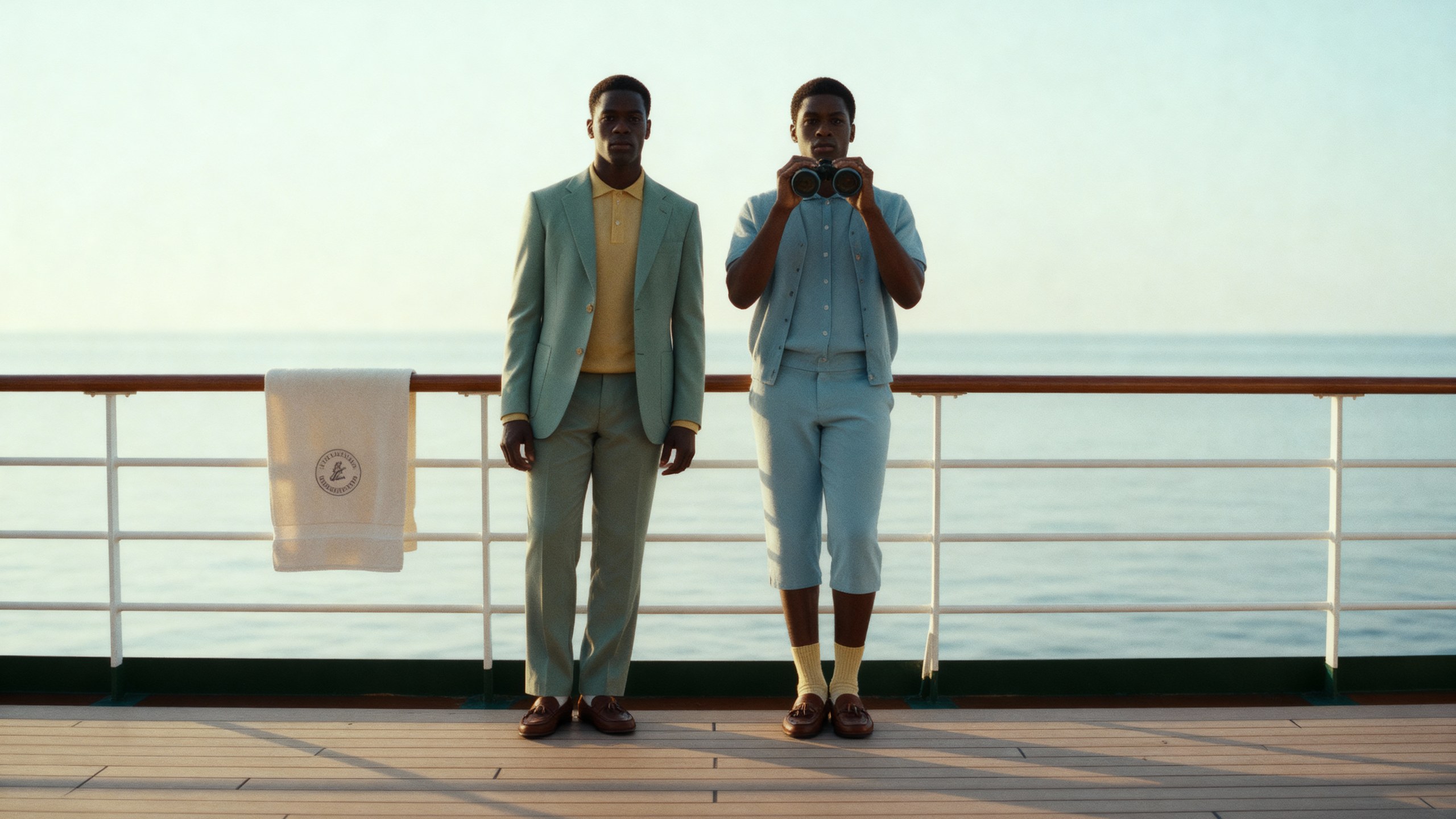Two passengers standing at the ship's rail in mint and pale blue, one holding binoculars to their eyes, an empty sea behind them