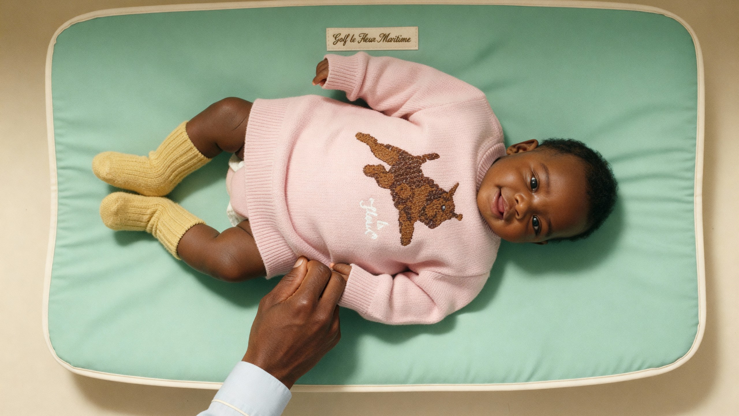 A baby in the pink Golf le Fleur knit lying on a mint changing mat, a hand steadying one foot