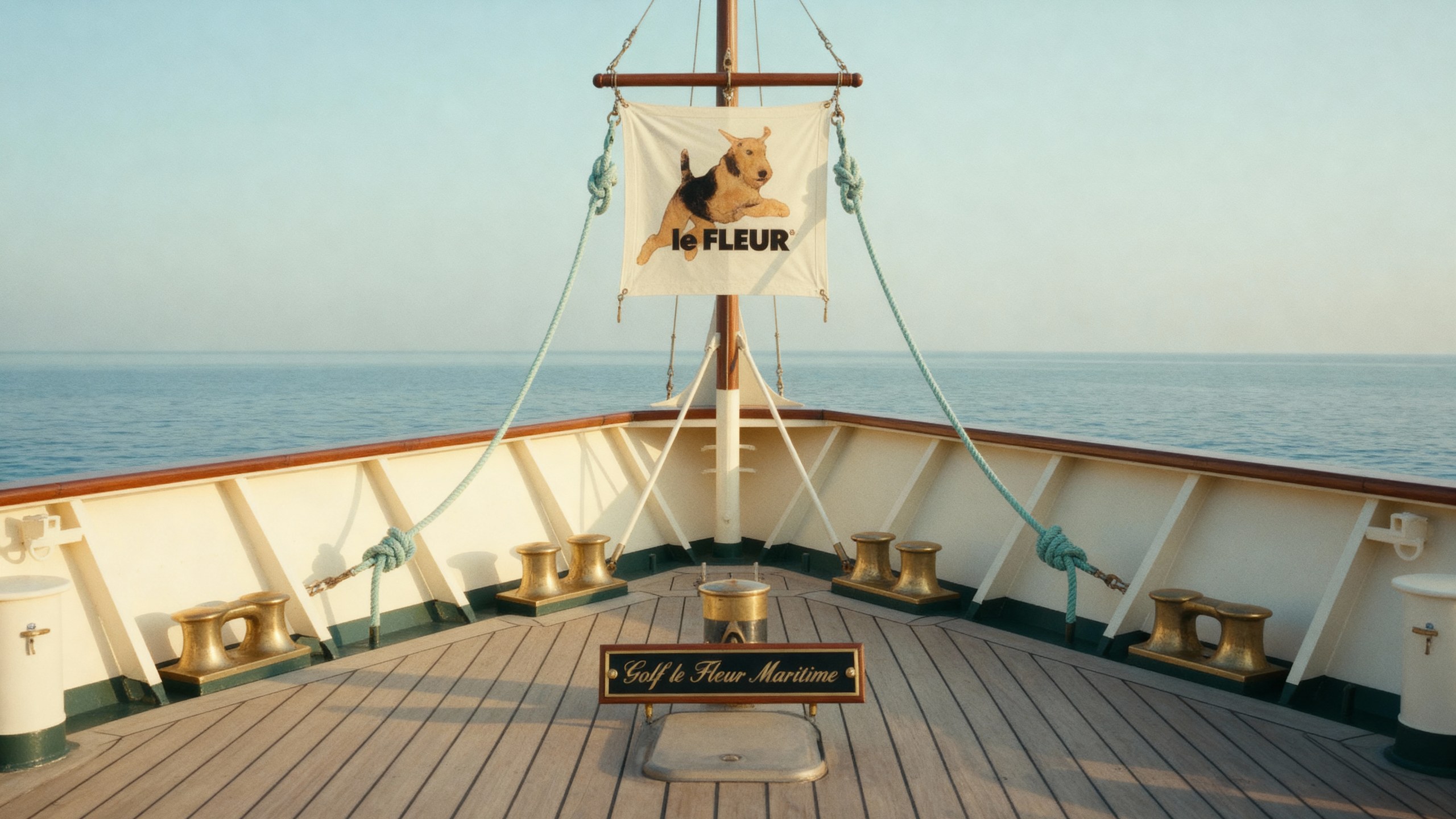 The ship's empty bow with a le Fleur flag flying and a Golf le Fleur Maritime plaque set into the deck