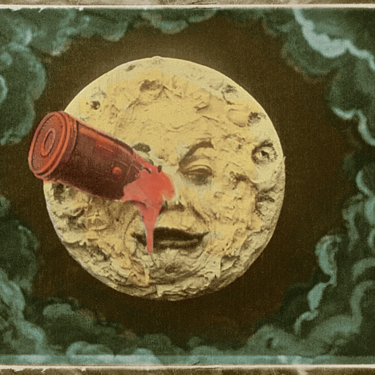 Méliès: the rocket lodged in the eye of the moon, hand-coloured