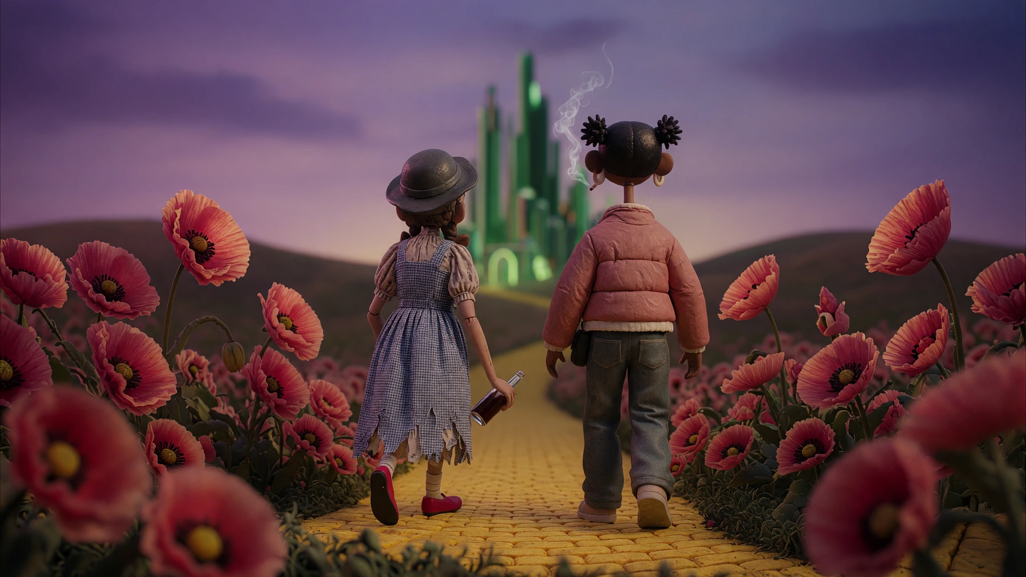 Judy alone among the poppies, eyes shut, cigarette in hand