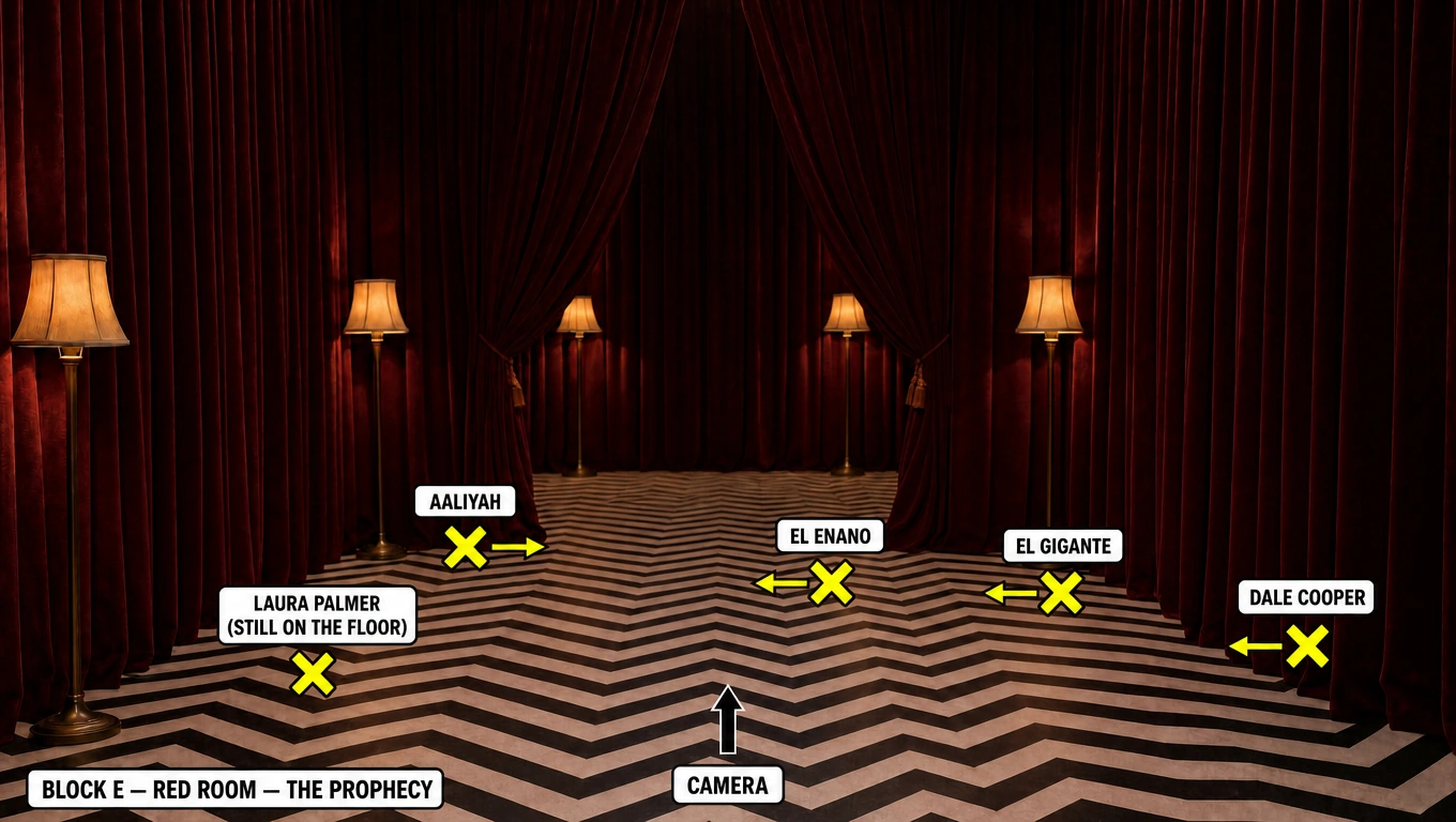 Block E, Red Room, the prophecy: the marks regroup with Dale Cooper furthest from camera