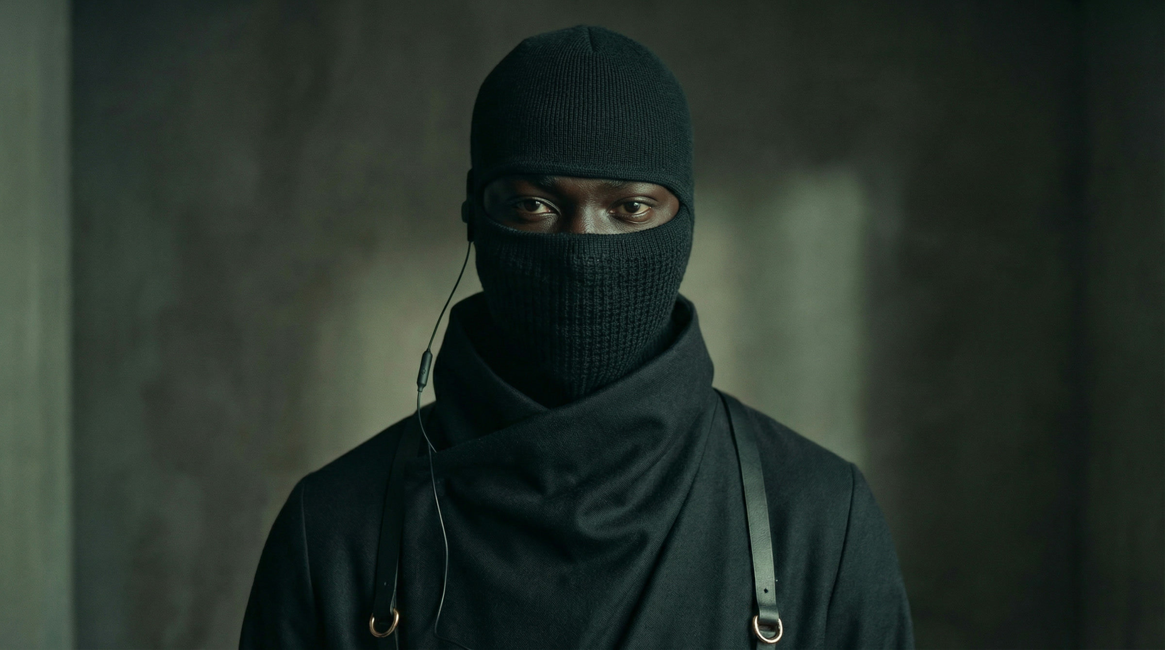 A close portrait of the man in a balaclava, only the eyes visible