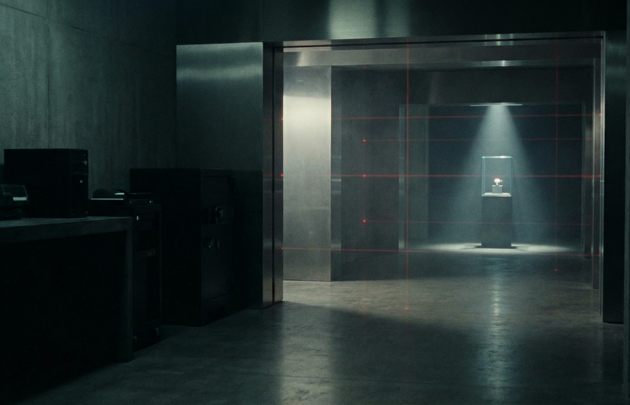 A dark vault corridor with a single lit vitrine at the far end