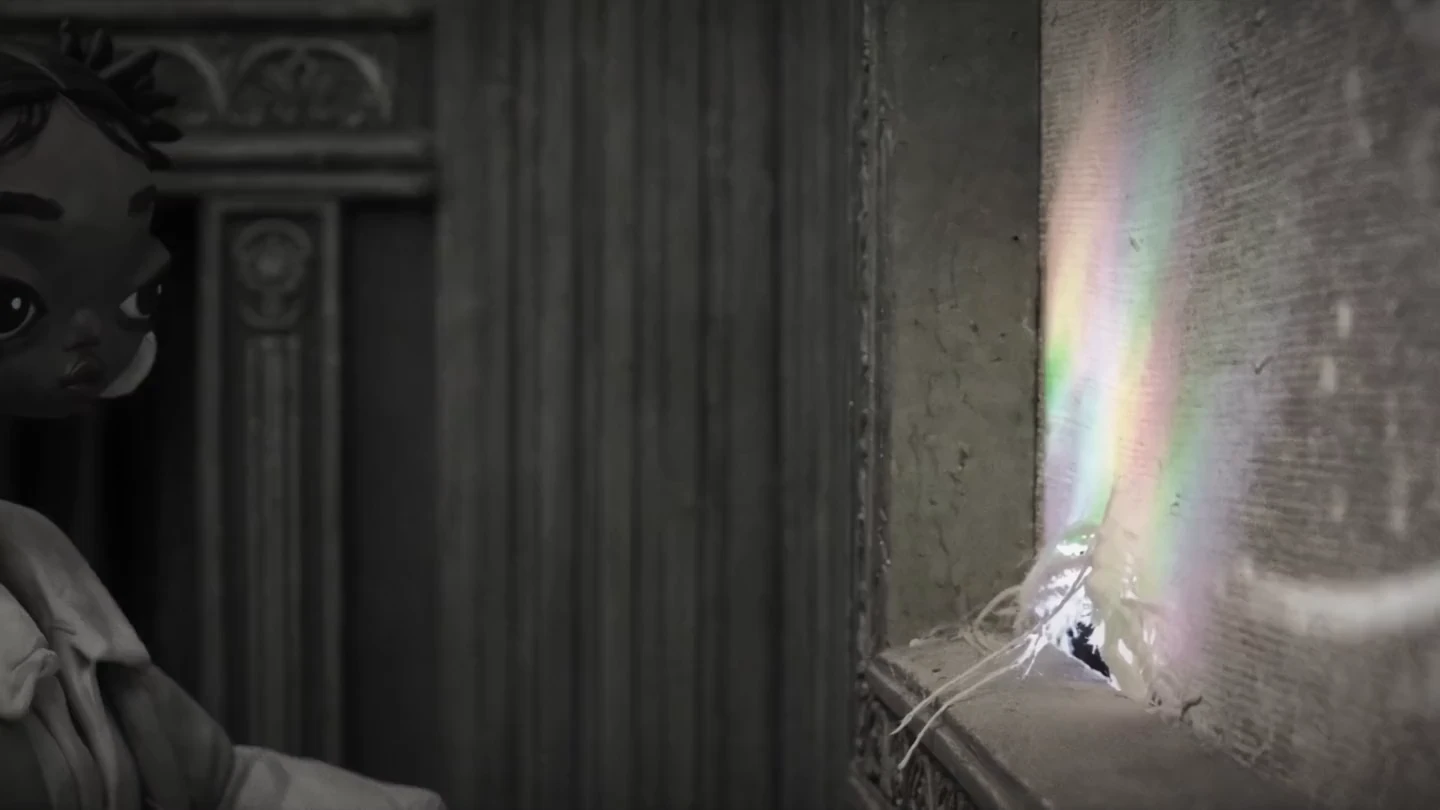 Aaliyah reaches into a rainbow halo at the back of the cinema and the film bursts into colour