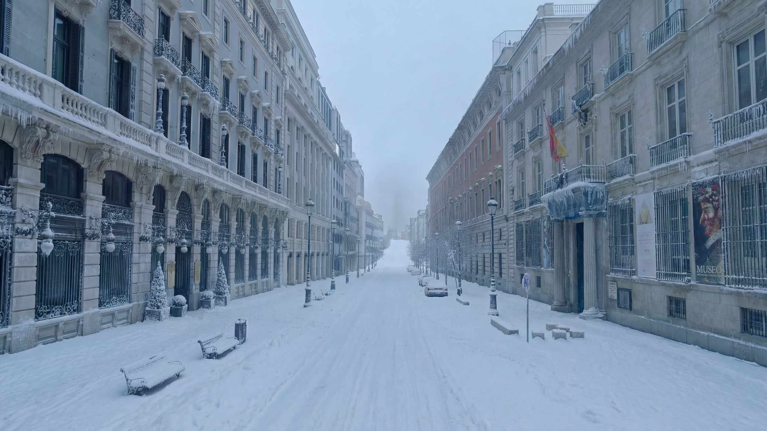 The same street under deep snow: the same arcade, the same flag, the same poster, the road buried and empty